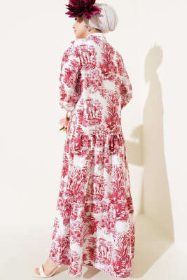 Filli Çiçek Desenli Viskon Elbise Bordo - Tesettür Elbise