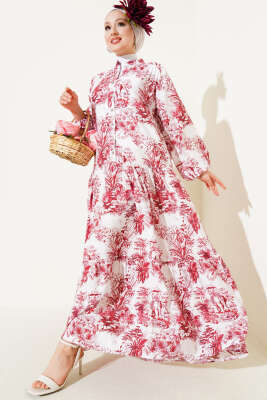 Filli Çiçek Desenli Viskon Elbise Bordo - Tesettür Elbise