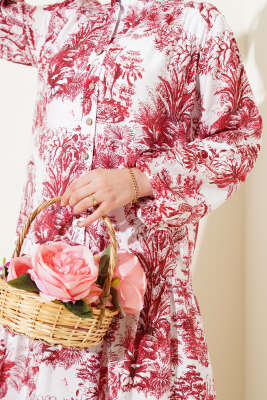 Filli Çiçek Desenli Viskon Elbise Bordo - Tesettür Elbise