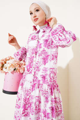 Filli Çiçek Desenli Viskon Elbise Menekşe - Tesettür Elbise