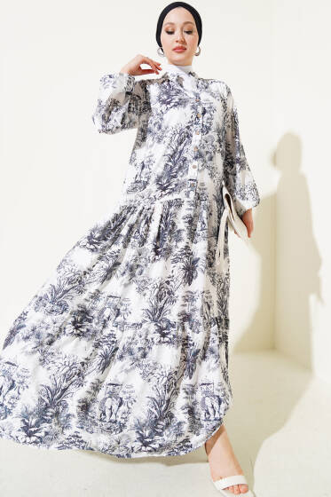 Filli Çiçek Desenli Viskon Elbise Siyah - Elbise