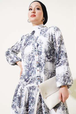 Filli Çiçek Desenli Viskon Elbise Siyah - Tesettür Elbise