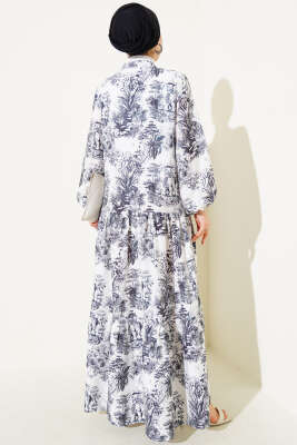 Filli Çiçek Desenli Viskon Elbise Siyah - Tesettür Elbise