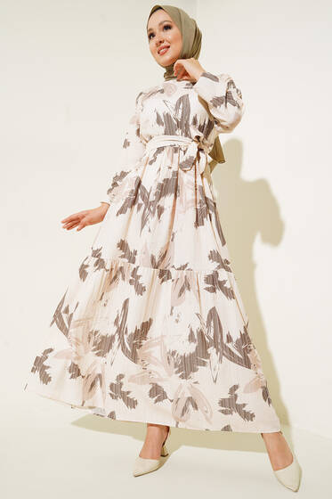 Fırça Darbesi Desenli Kaş Kuşaklı Elbise Kahve - Tesettür Elbise