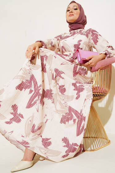 Fırça Darbesi Desenli Kaş Kuşaklı Elbise Magenta - Tesettür Elbise