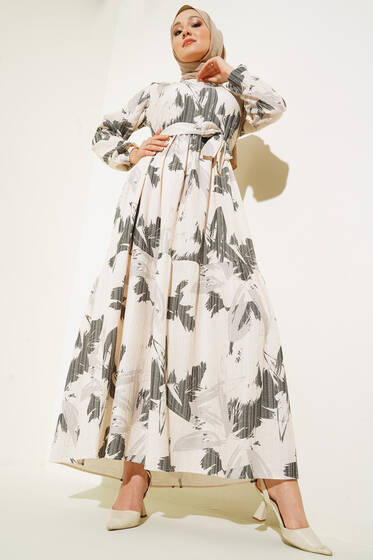 Fırça Darbesi Desenli Kaş Kuşaklı Elbise Siyah - Tesettür Elbise