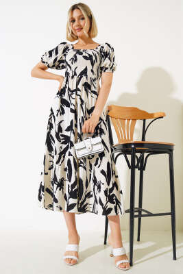 Fırça Desen Gipeli Midi Elbise Ekru - Kadın Giyim Modelleri