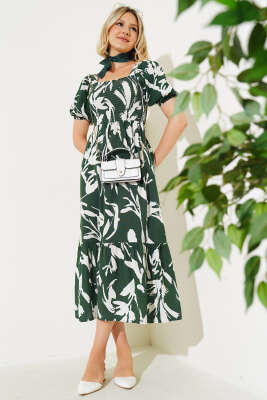 Fırça Desen Gipeli Midi Elbise Haki - ADYES