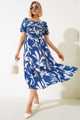 Fırça Desen Gipeli Midi Elbise İndigo - ADYES