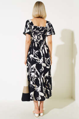 Fırça Desen Gipeli Midi Elbise Siyah - Kadın Giyim Modelleri