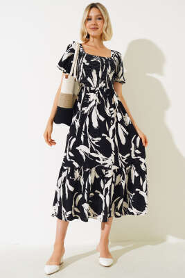 Fırça Desen Gipeli Midi Elbise Siyah - ADYES