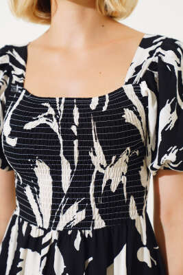 Fırça Desen Gipeli Midi Elbise Siyah - Kadın Giyim Modelleri