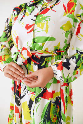 Fırça Desen Büyük Beden Elbise Yeşil - Thumbnail