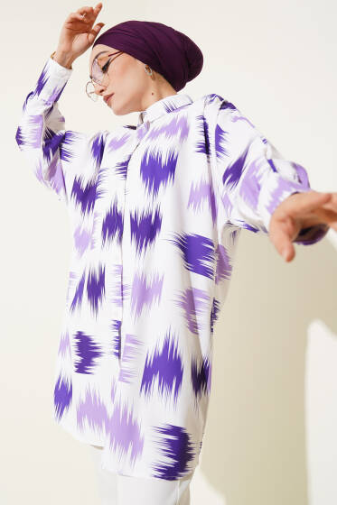 Fırça Desenli Bilek Manşetli Gömlek Mor - Gömlek
