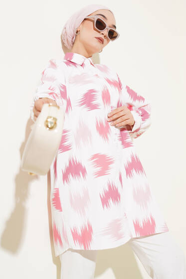 Fırça Desenli Bilek Manşetli Gömlek Pembe - Gömlek