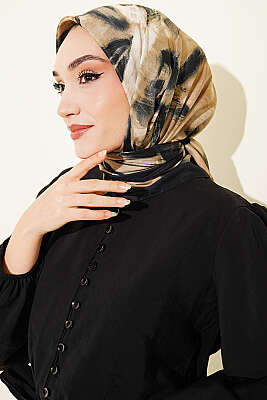 Fırça Desenli Eşarp Siyah Bej - ŞEHRİ ŞAL