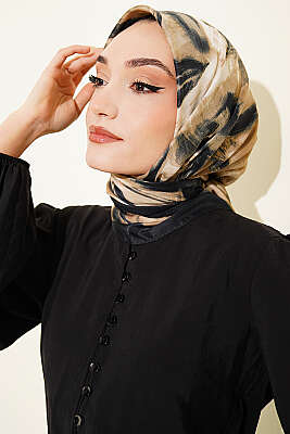 Fırça Desenli Eşarp Siyah Bej - Başörtüsü