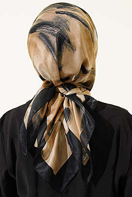 Fırça Desenli Eşarp Siyah Bej - Başörtüsü