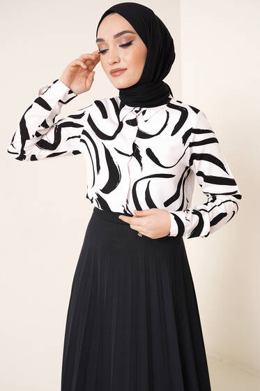 Fırça Desenli Gömlek Ekru Siyah - Gömlek