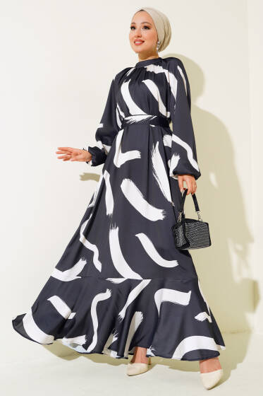 Fırça Desenli Kuşaklı Saten Elbise Füme - Elbise