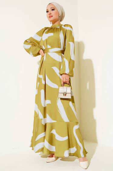 Fırça Desenli Kuşaklı Saten Elbise Yağ Yeşili - Elbise