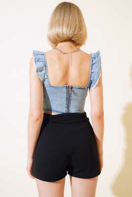 Fırfır Askılı Kot Crop Mavi - Kadın Giyim Modelleri