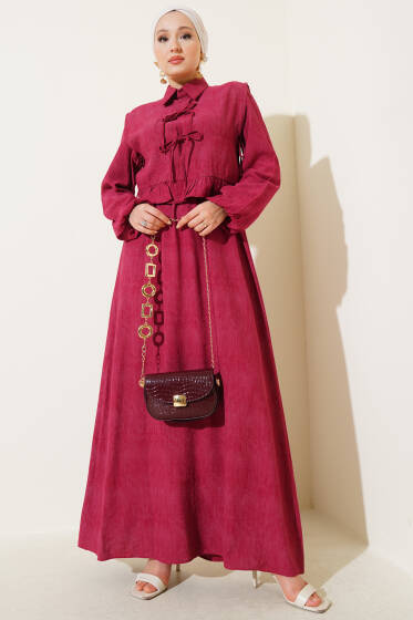 Fırfır Boleronlu İp Bağlamalı Elbise Bordo - Elbise
