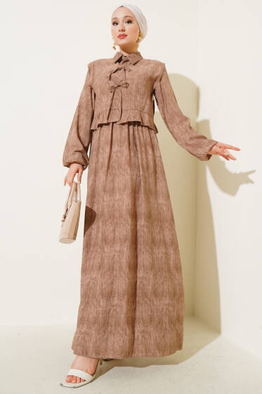 Fırfır Boleronlu İp Bağlamalı Elbise Camel - Elbise