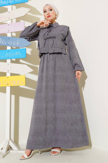 Fırfır Boleronlu İp Bağlamalı Elbise Füme - Elbise