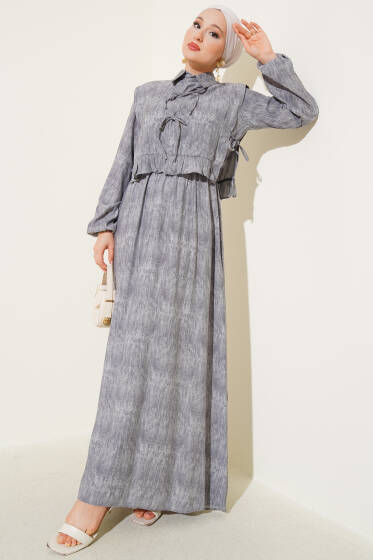 Fırfır Boleronlu İp Bağlamalı Elbise Gri - Elbise