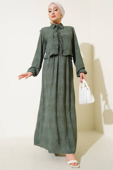 Fırfır Boleronlu İp Bağlamalı Elbise Haki - Elbise
