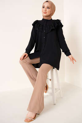 Fırfır Dantelli Gömlek Siyah - Gömlek