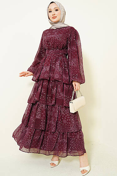 Fırfır Desenli Katlı Elbise Bordo - Elbise