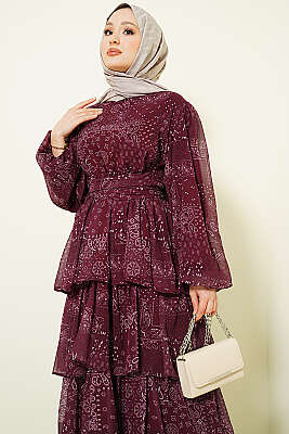 Fırfır Desenli Katlı Elbise Bordo - Elbise