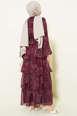 Fırfır Desenli Katlı Elbise Bordo - Elbise