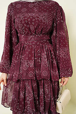 Fırfır Desenli Katlı Elbise Bordo - Elbise