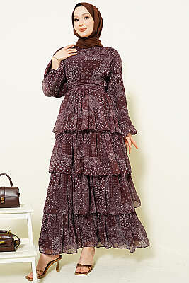 Fırfır Desenli Katlı Elbise Kahve - VAV TEKSTİL