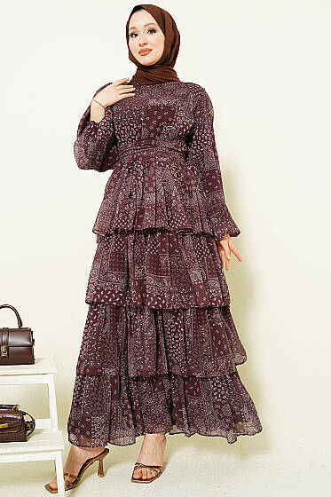 Fırfır Desenli Katlı Elbise Kahve - Elbise