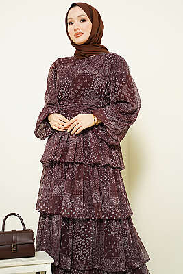 Fırfır Desenli Katlı Elbise Kahve - Elbise