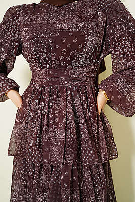 Fırfır Desenli Katlı Elbise Kahve - Elbise