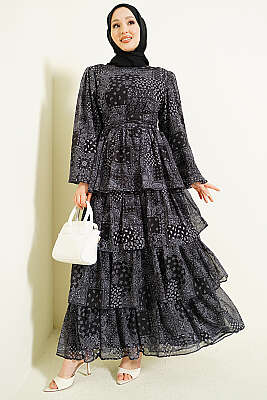 Fırfır Desenli Katlı Elbise Siyah - VAV TEKSTİL