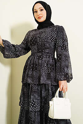 Fırfır Desenli Katlı Elbise Siyah - Elbise