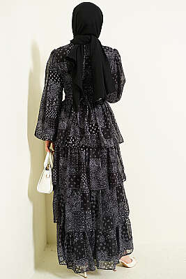 Fırfır Desenli Katlı Elbise Siyah - Elbise