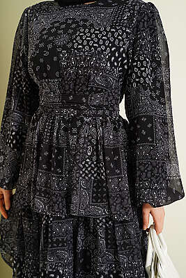 Fırfır Desenli Katlı Elbise Siyah - Elbise