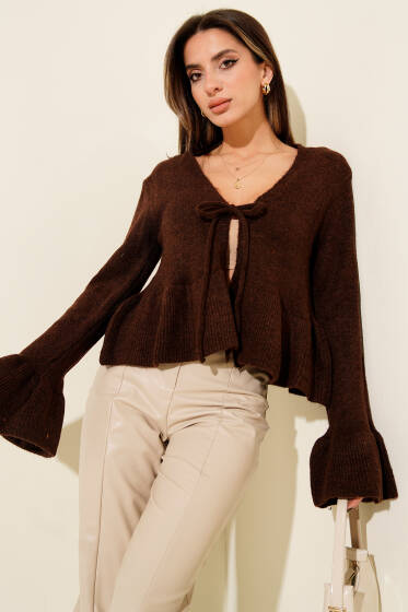 Fırfır Detaylı Bağlamalı Triko Hırka Kahve - Kadın Giyim Modelleri