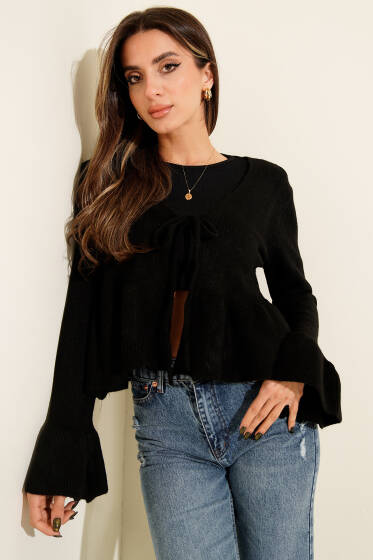 Fırfır Detaylı Bağlamalı Triko Hırka Siyah - Kadın Giyim Modelleri