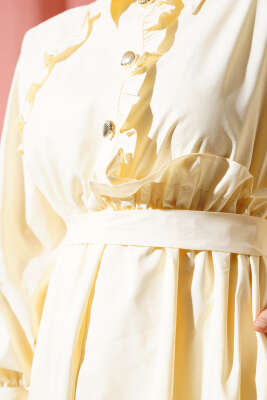 Fırfır Detaylı Bel Lastikli Düğmeli Elbise Ekru - Tesettür Elbise