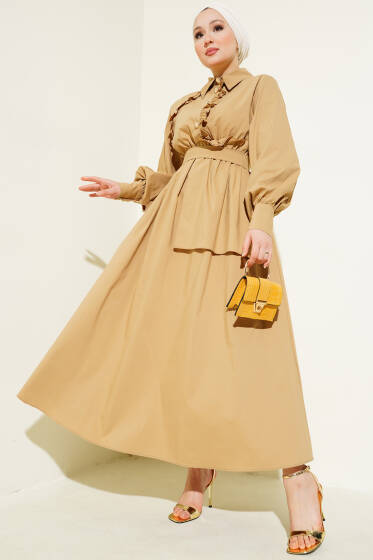 Fırfır Detaylı Bel Lastikli Düğmeli Elbise Vizon - Elbise