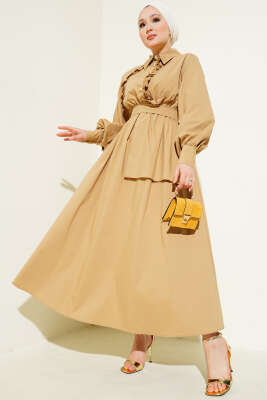 Fırfır Detaylı Bel Lastikli Düğmeli Elbise Vizon 