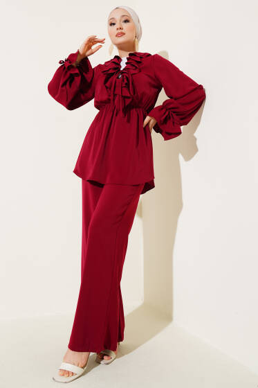 Fırfır Detaylı Bel Lastikli İkili Takım Bordo - İkili Takım